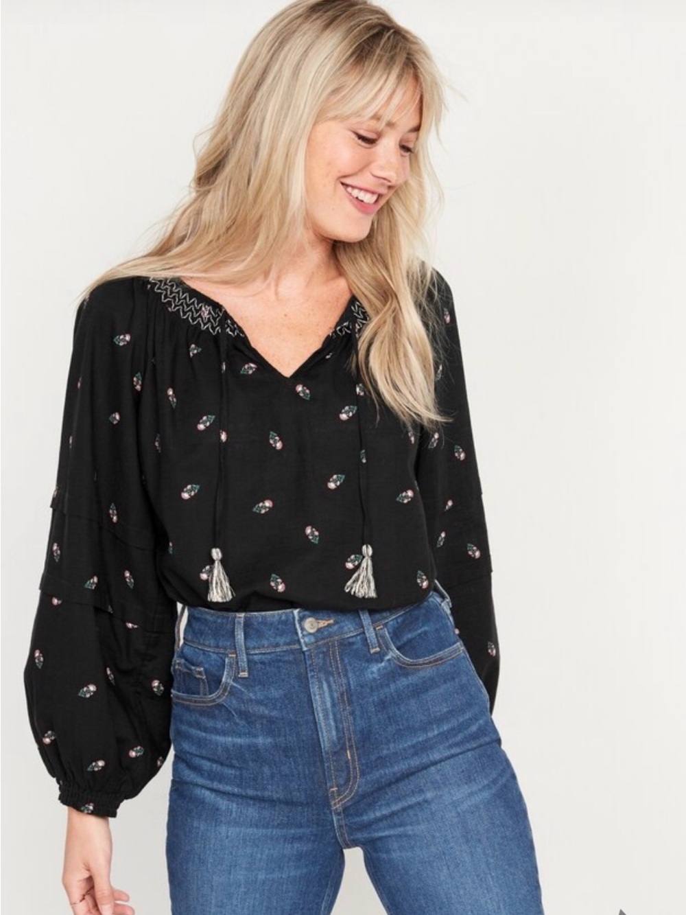 Old Navy Black Peasant Tunic with Pink Floral Accents 2X